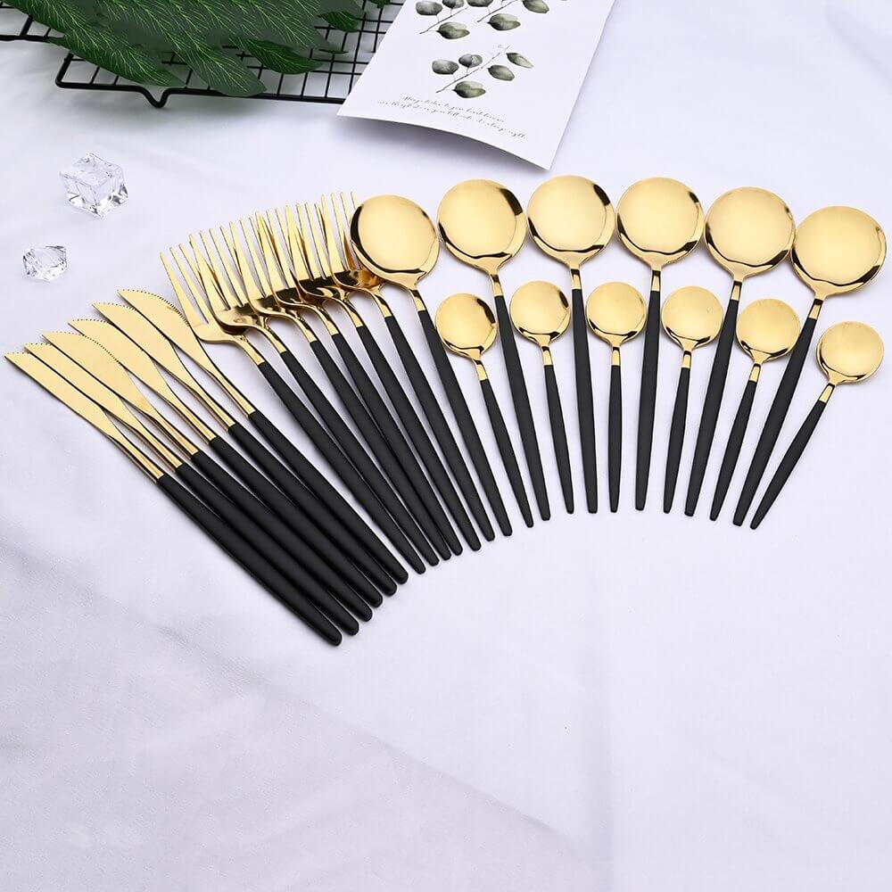 Matte Black and Gold Stainless Steel Cutlery Set – Modern 24-Piece Design