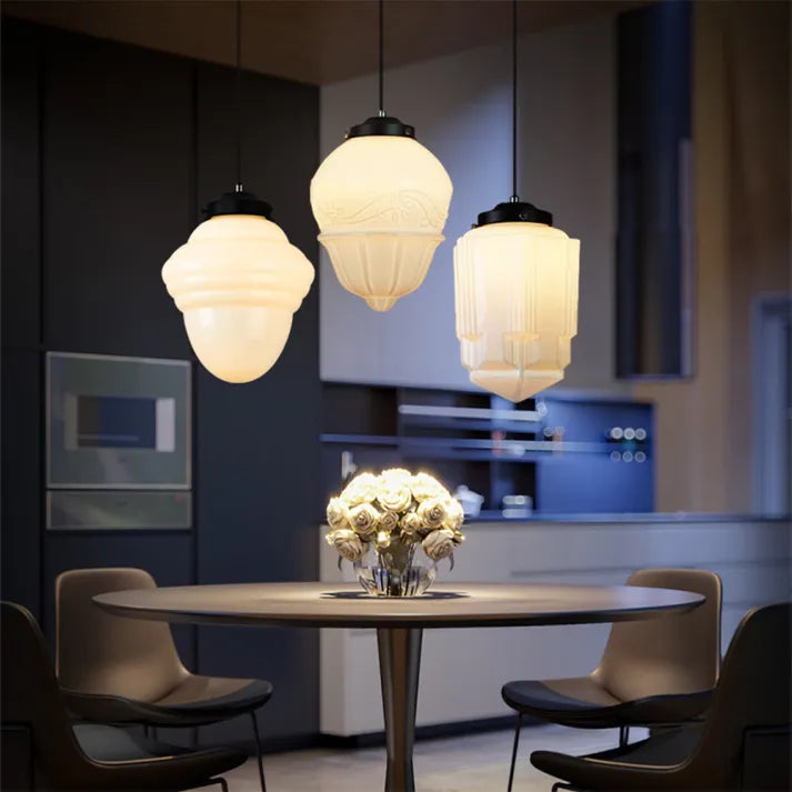 Opal Glass Pendant Light – Vintage Geometric Ceiling Lamp